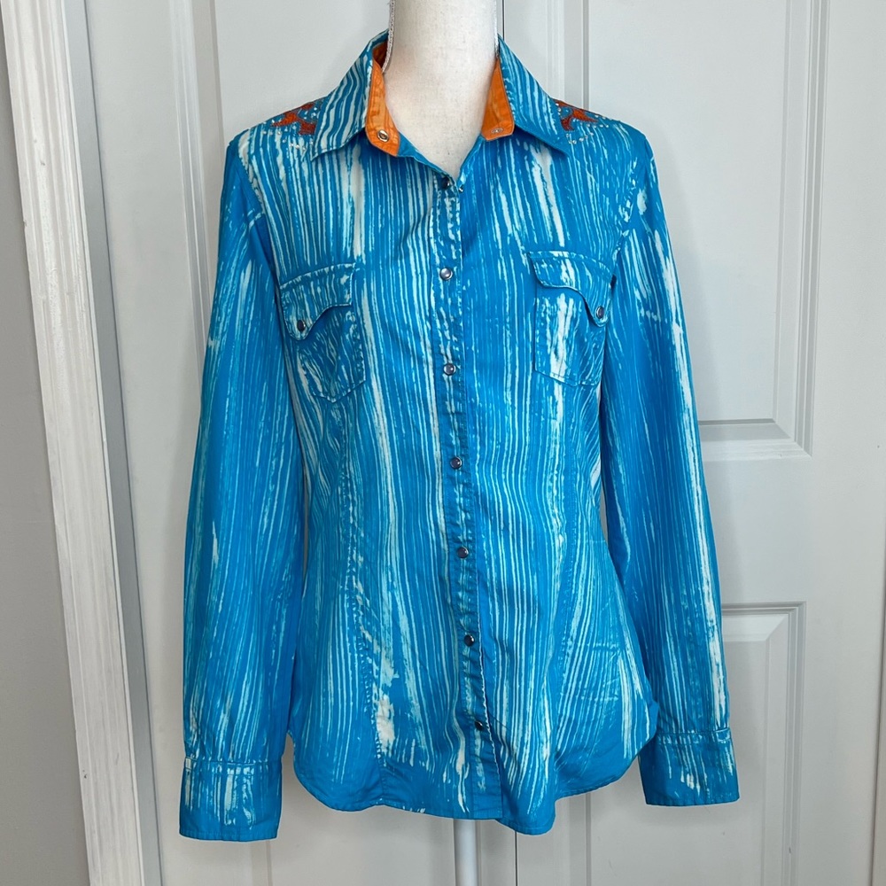 Rock & Roll Cowgirl Western Snap Front Shirt Blue Orange Rhinestone Embroidered